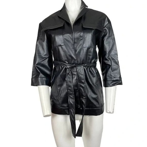 Belted Leather Trench Coat Black - Picture 1 of 4